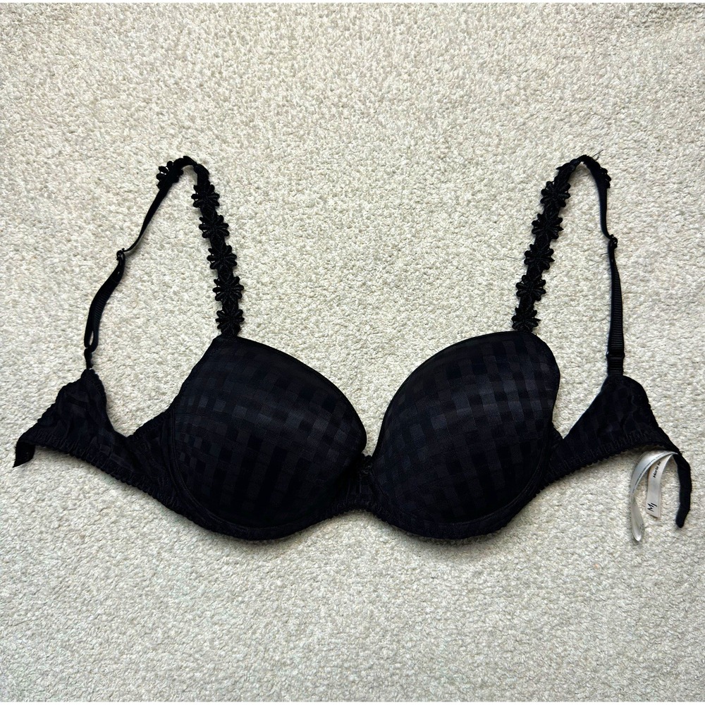 Marie Jo Avero Black Padded Balcony Bra 34C Checked Daisy Floral Straps 0120505